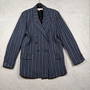 Free People Ashby Pinstripe Double Breasted Blazer Navy Blue Linen Blend Women L